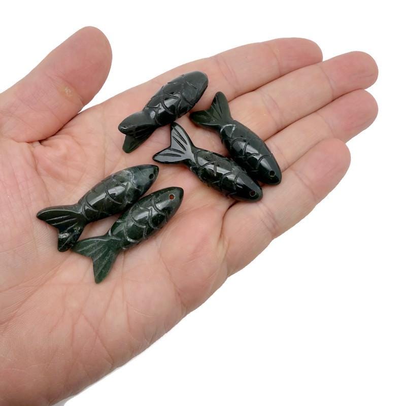 Moss agate fish gemstone pendant from GemstoneGO, featuring a detailed fish design for fishing luck and charm.