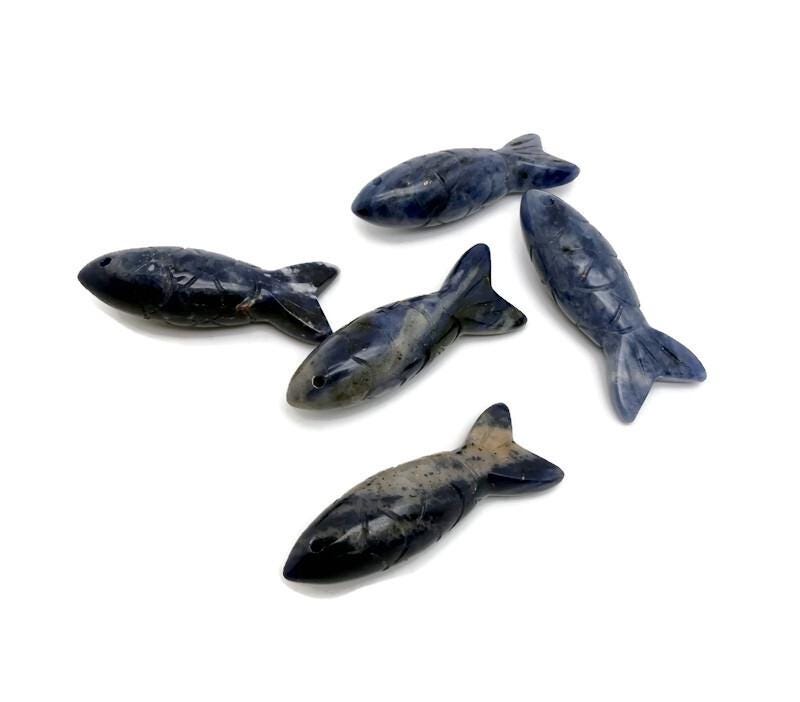 Sodalite fish-shaped gemstone pendant from GemstoneGO, featuring vibrant blue and white patterns, perfect as a lucky fishing charm.