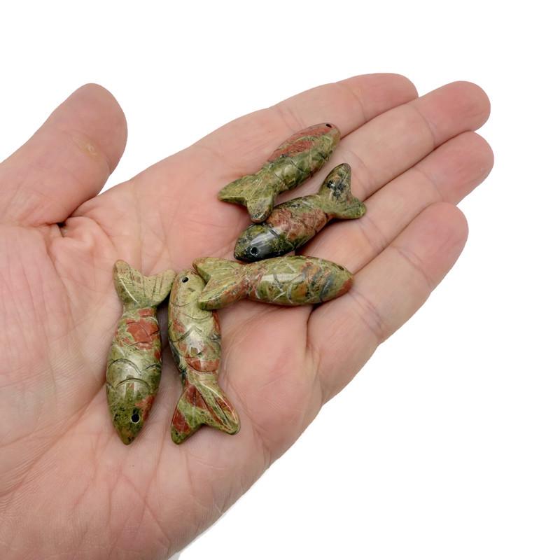 Unakite fish-shaped gemstone pendant from GemstoneGO, featuring vibrant green and pink hues, ideal as a lucky fishing charm.