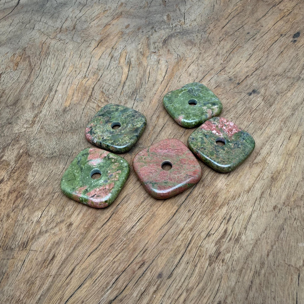 Unakite square crystal donut pendant from GemstoneGO, 30mm Pi stone with vibrant green and pink hues, polished gemstone accessory.