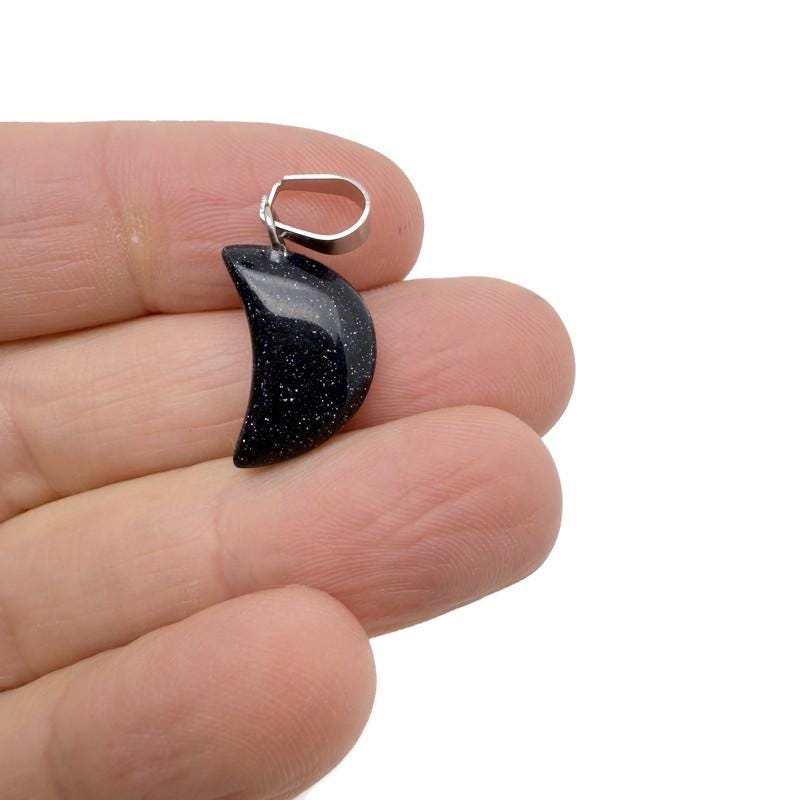 Blue GoldStone moon pendant with crystal accents, gemstone jewelry making supply from GemstoneGO for healing and craft projects.