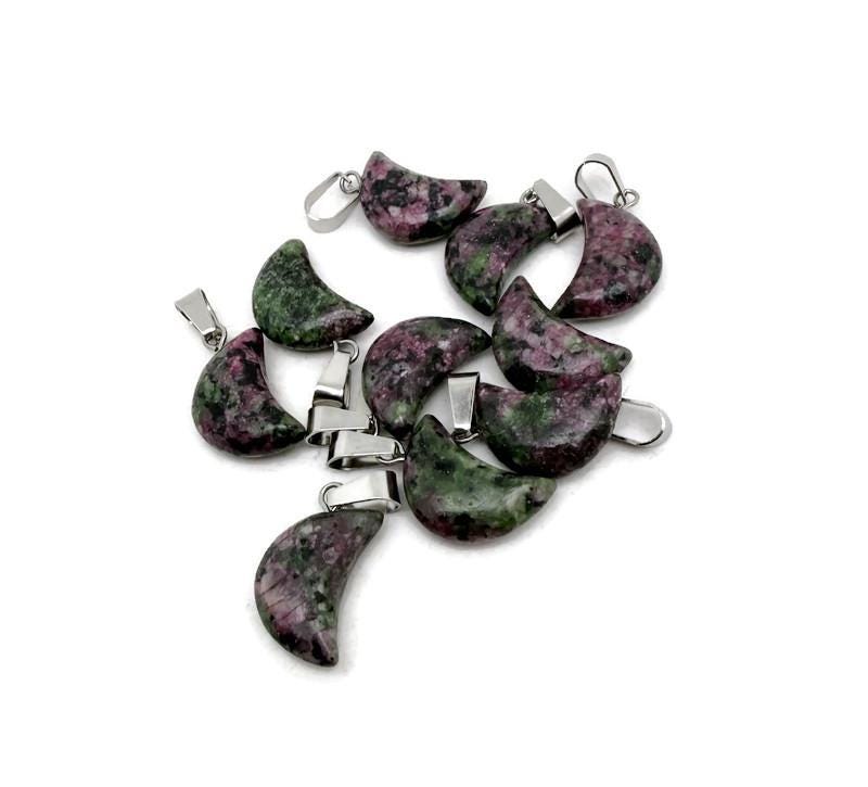 Ruby zoisite moon pendant with crystal details, gemstone jewelry making supply from GemstoneGO, ideal for healing and decorative wear.