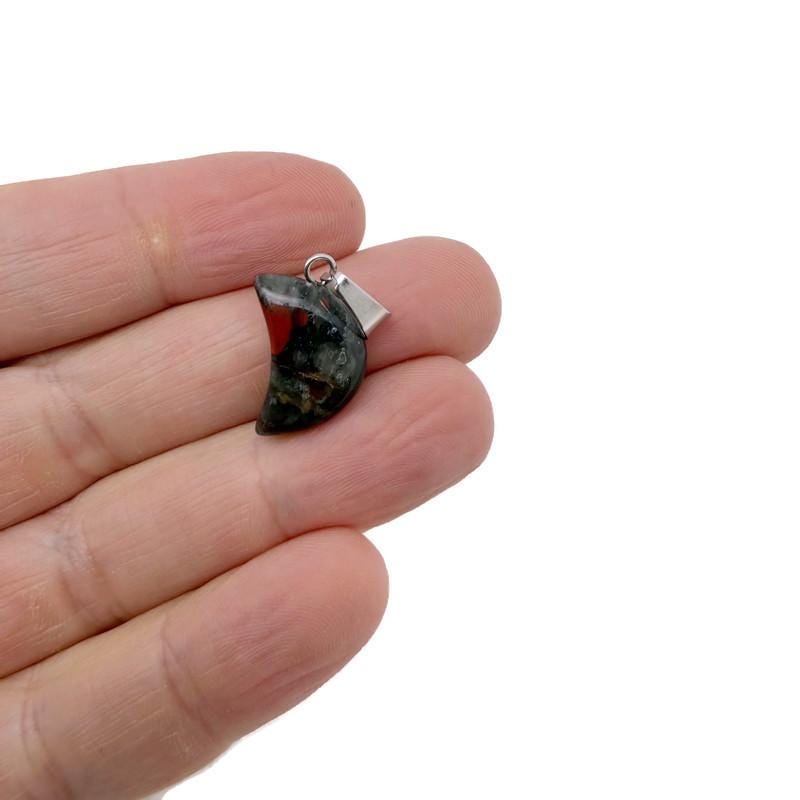 African Bloodstone Moon Crystal pendant from GemstoneGO, featuring a polished bloodstone with a moon shape, ideal for jewelry making.