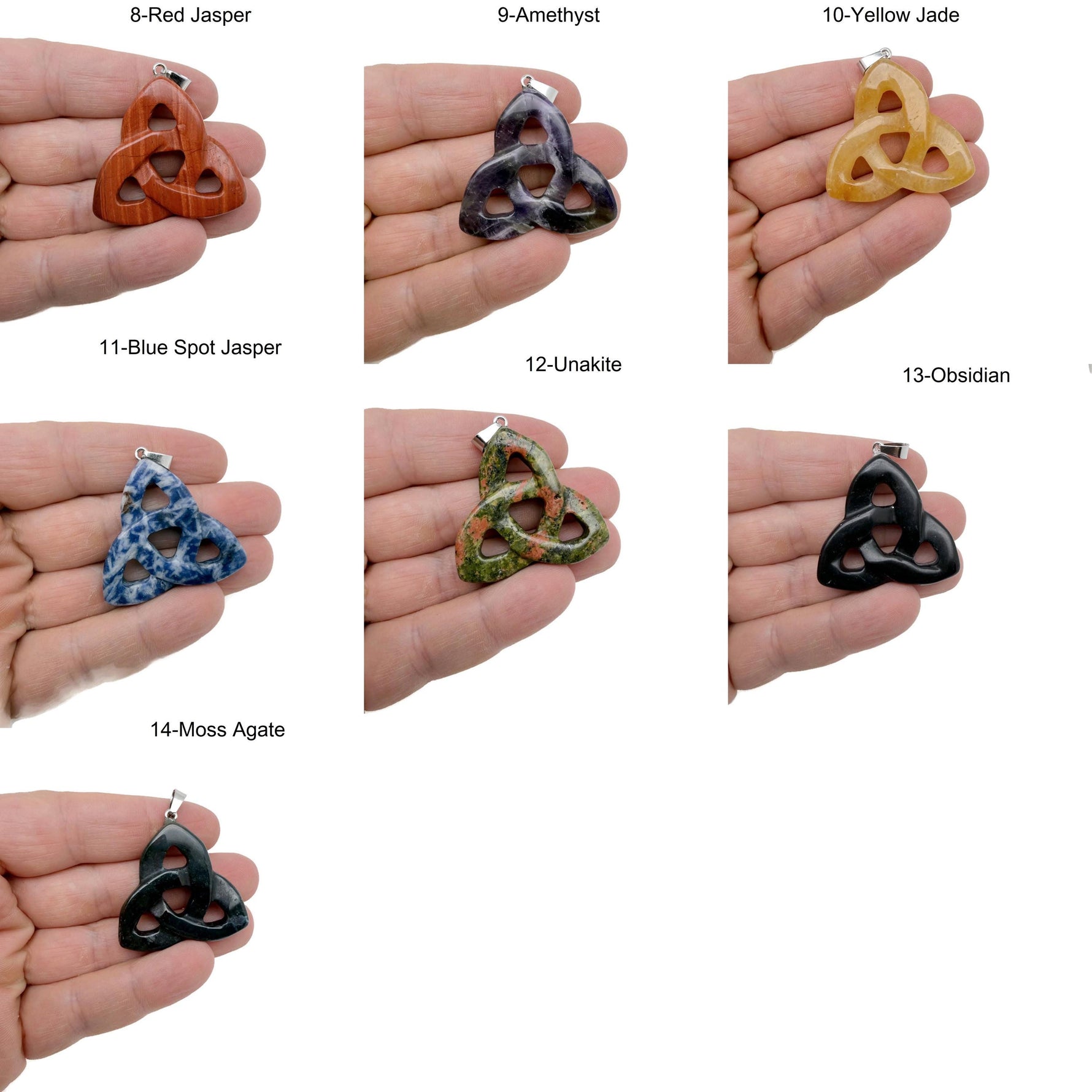 Celtic Knot Crystal Pendant with Trinity Crystals, gemstone jewelry featuring intricate knot design, ideal for Valentine's Day.