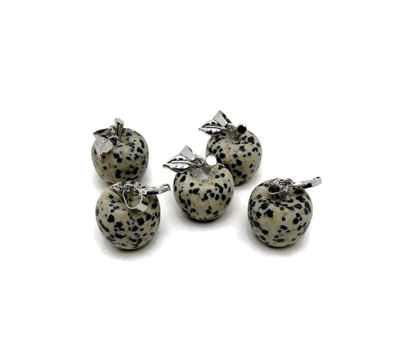 Dalmatian Jasper Apple crystal pendant by GemstoneGO, mini gemstone jewelry featuring a polished Dalmatian Jasper stone with gold-tone accents.
