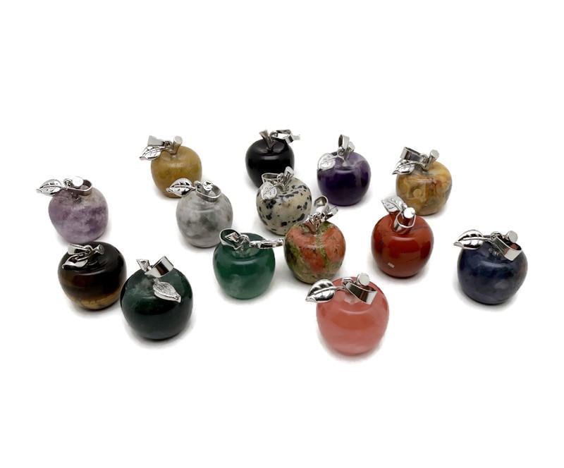 Apple-shaped crystal pendant by GemstoneGO, featuring healing gemstones and sparkling crystal details on a silver chain.