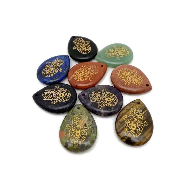 Hamsa Hand Engraved Crystal - Drilled Protection, Luck & Spiritual Energy