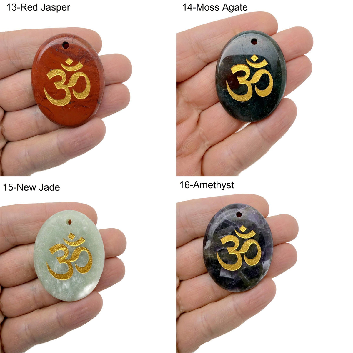 Crystal amulet with engraved Om symbol, drilled for jewelry, representing spiritual insight and guidance from GemstoneGO.