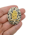 Healing Hands engraved crystal amulet by GemstoneGO, drilled energy healer gift with intricate engraved design on clear crystal.