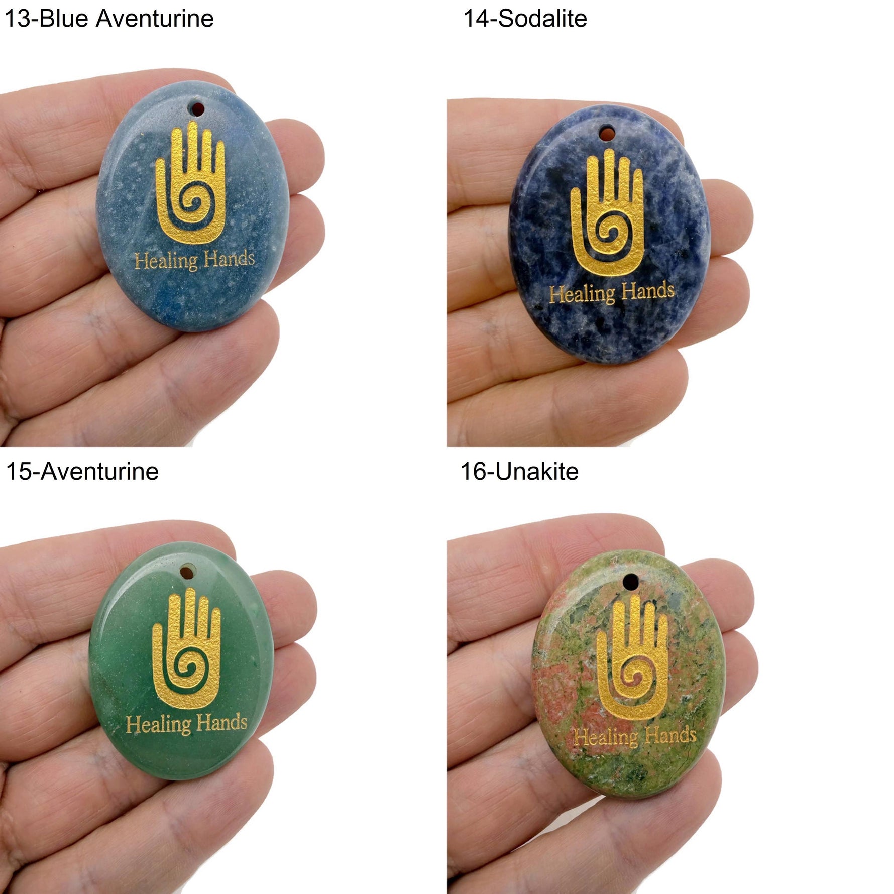 Healing Hands engraved crystal amulet by GemstoneGO, drilled energy healer gift featuring intricate hand engraving and clear gemstone.