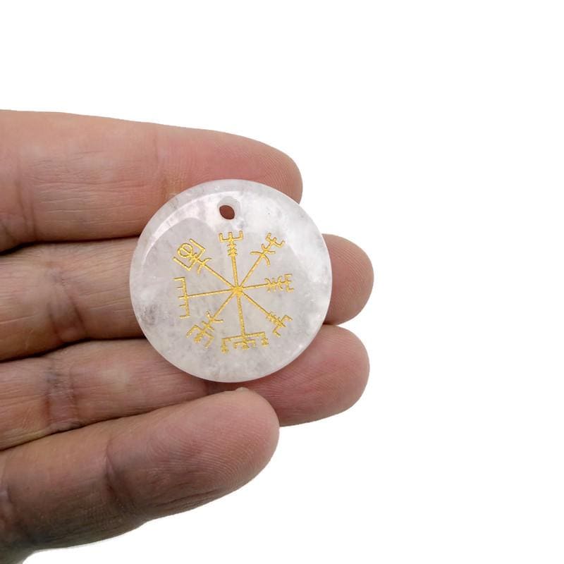 Engraved crystal pendant featuring Vegvisir Viking navigation symbol, drilled for necklace wearing, by GemstoneGO.