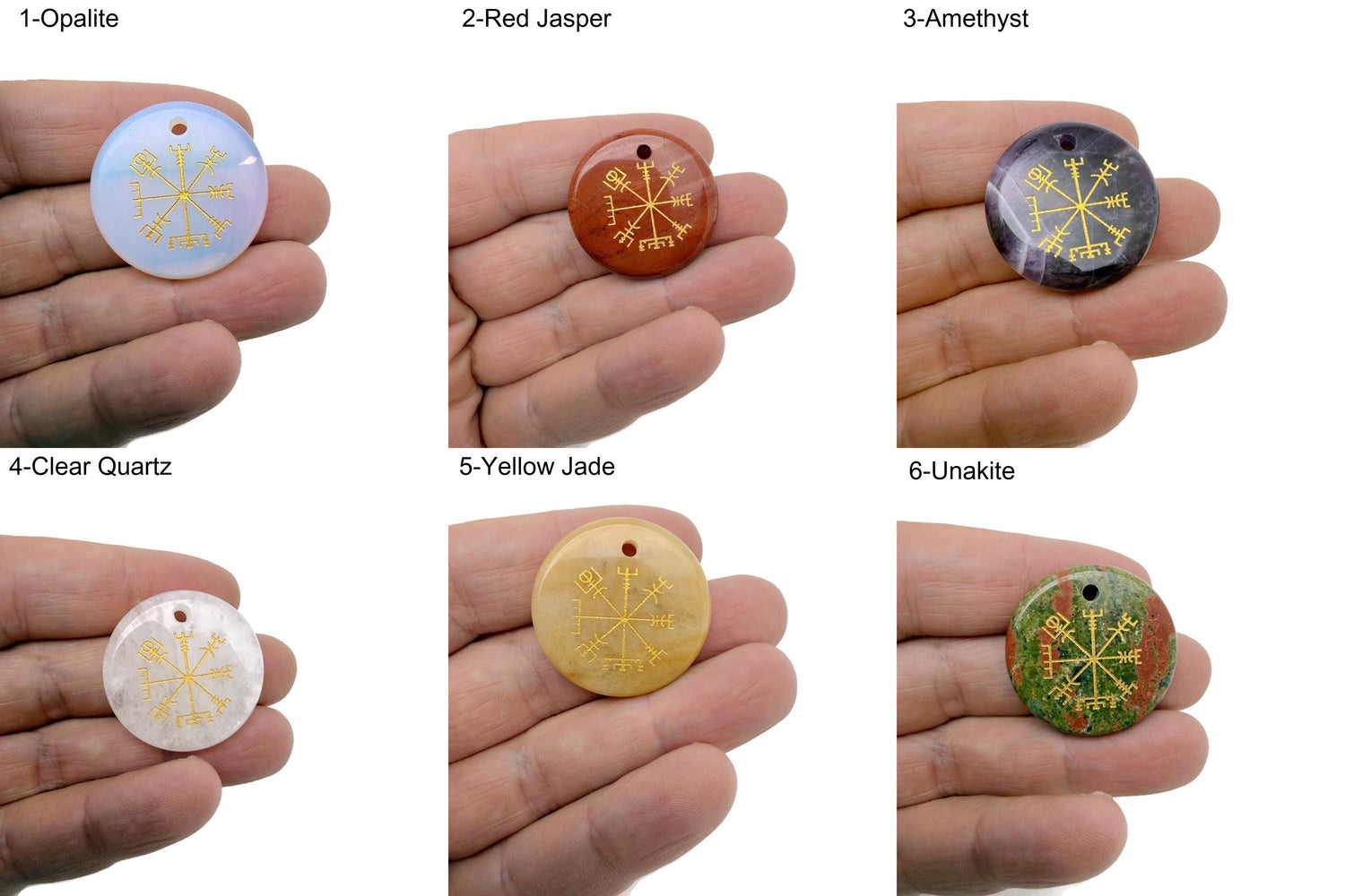 Vegvisir Engraved Crystal - Drilled Viking Navigation Symbol Necklace