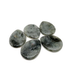 Labradorite worry stone from GemstoneGO, a 45mm soothing crystal with iridescent gray and blue hues, used for calming and meditation.