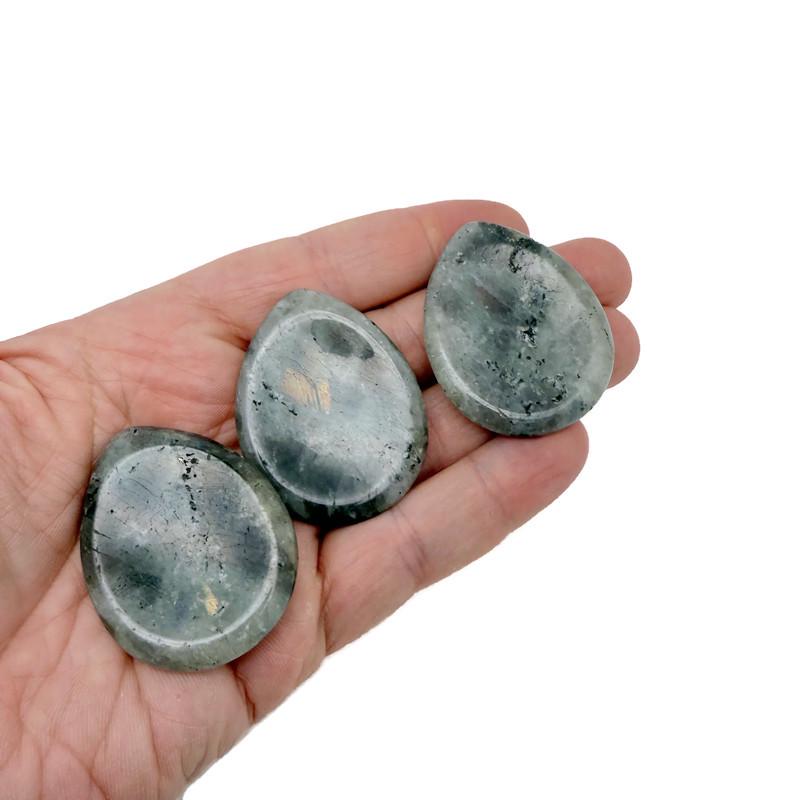 Labradorite worry stone from GemstoneGO, 45mm soothing crystal with iridescent flash, perfect for meditation and stress relief.