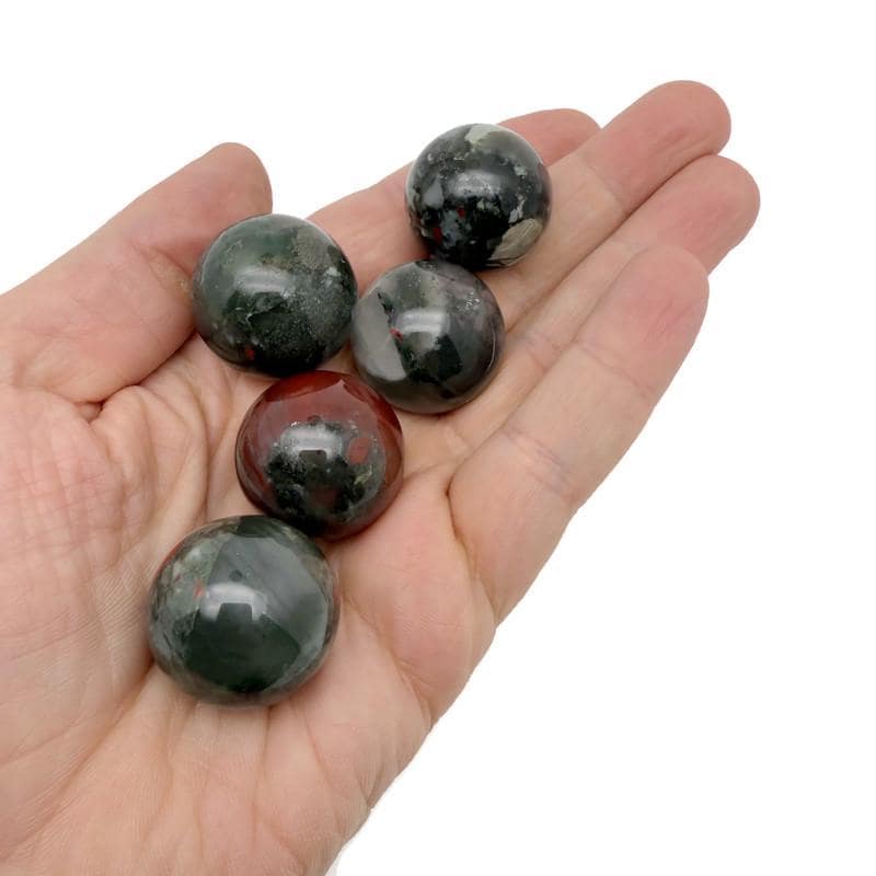African Bloodstone sphere crystal ball, 25mm gemstone from GemstoneGO, showing deep green and red mineral patterns.