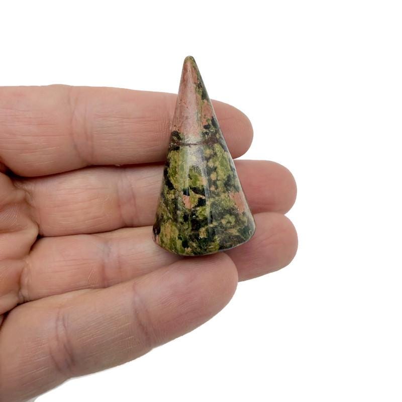 Carved gemstone cone ring holder display stand for jewelry, showcasing colorful gemstone design by GemstoneGO