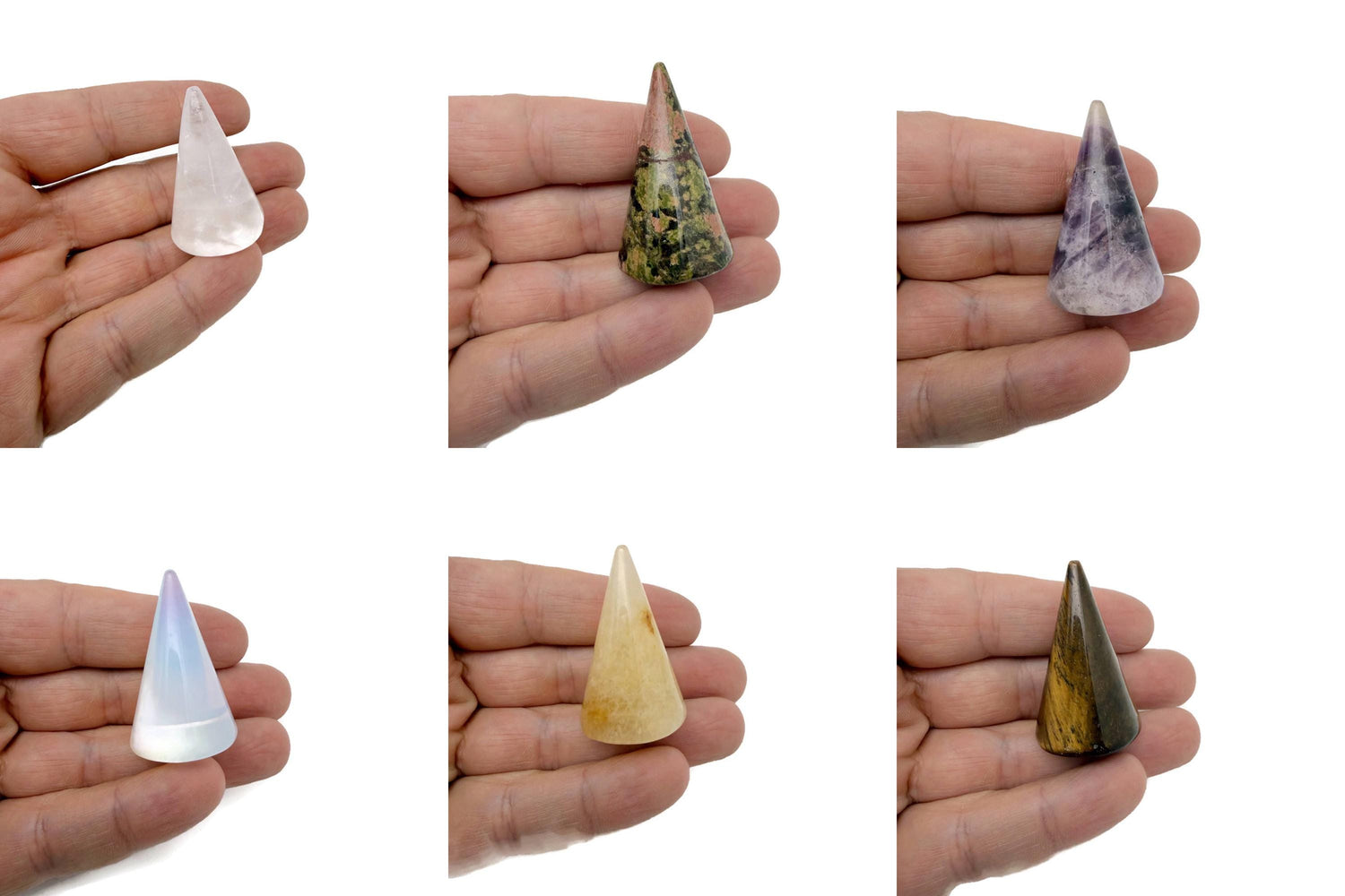 Carved gemstone ring holder cone jewelry display stand with colorful mixed gemstones by GemstoneGO