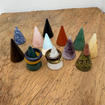 Carved gemstone cone ring holder displaying rings, jewelry display stand, colorful gemstone jewelry display by GemstoneGO