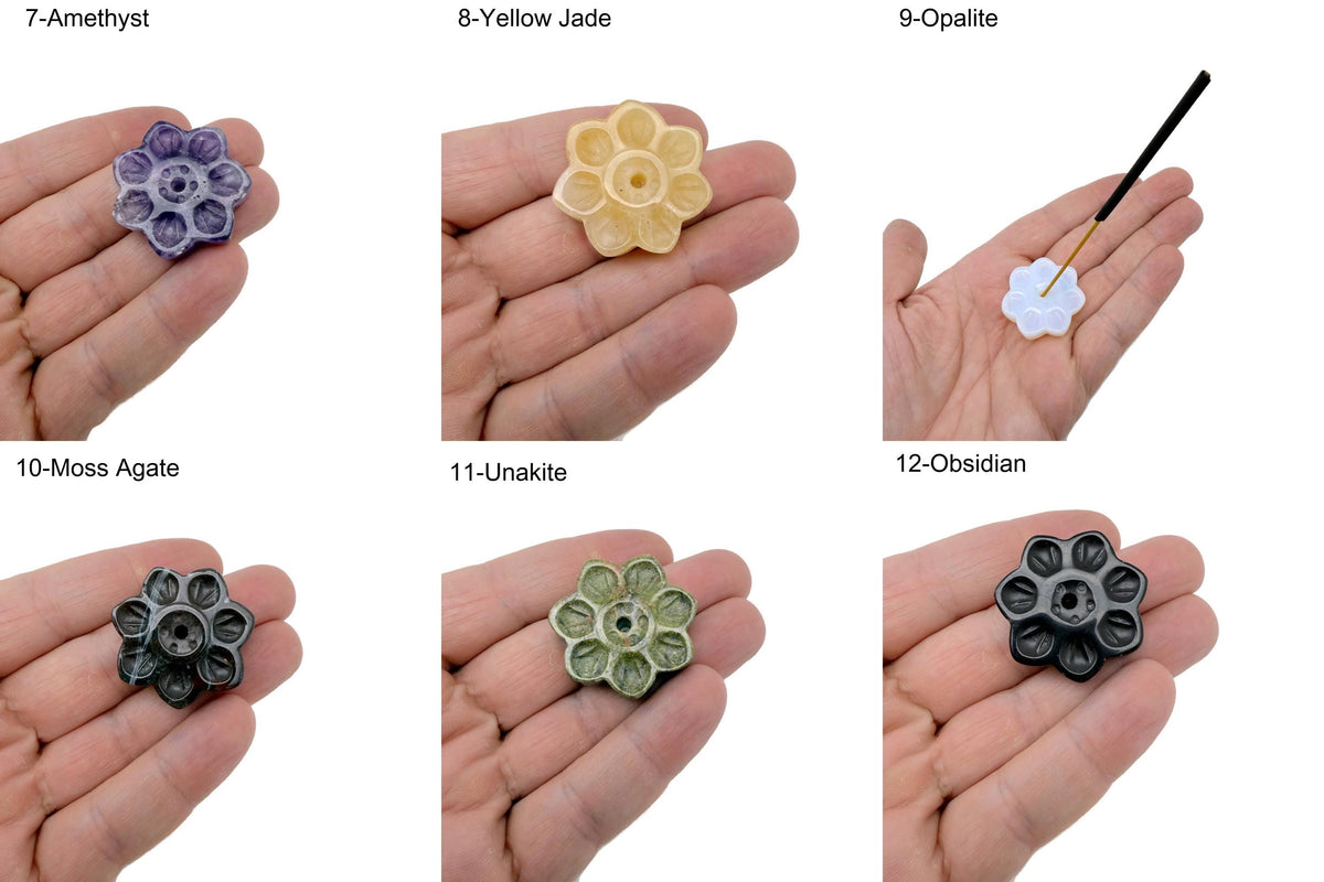 Natural crystal flower incense holder by GemstoneGO, carved gemstone stick burner for meditation and aromatic incense burning.