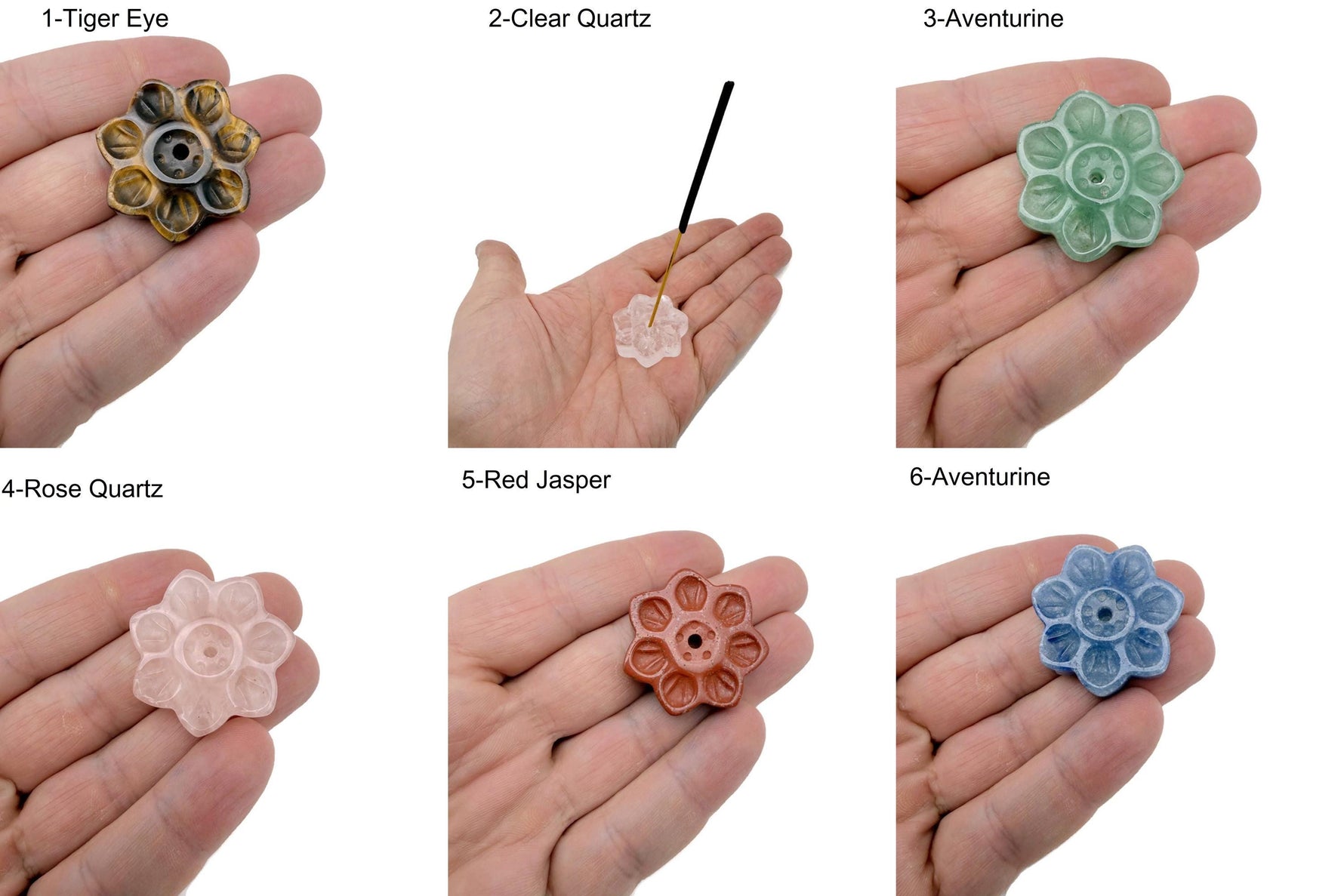 Natural crystal flower incense holder by GemstoneGO, carved gemstone stick burner for meditation and aromatic incense use.