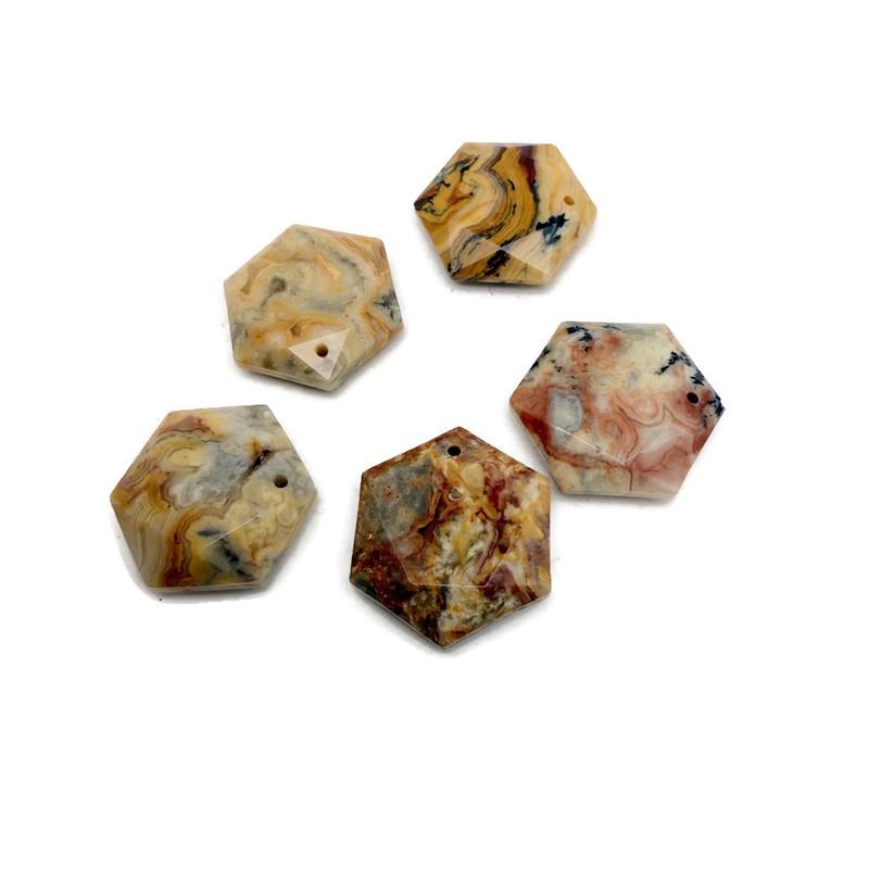 Faceted Crazy Lace Agate hexagon crystal pendant with gemstone bead necklace by GemstoneGO, showcasing intricate patterns and polished surface.