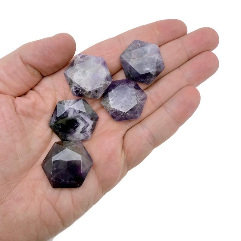 Amethyst Hexagon Crystal Pendant - Faceted Stone Necklace Bead - NC1932
