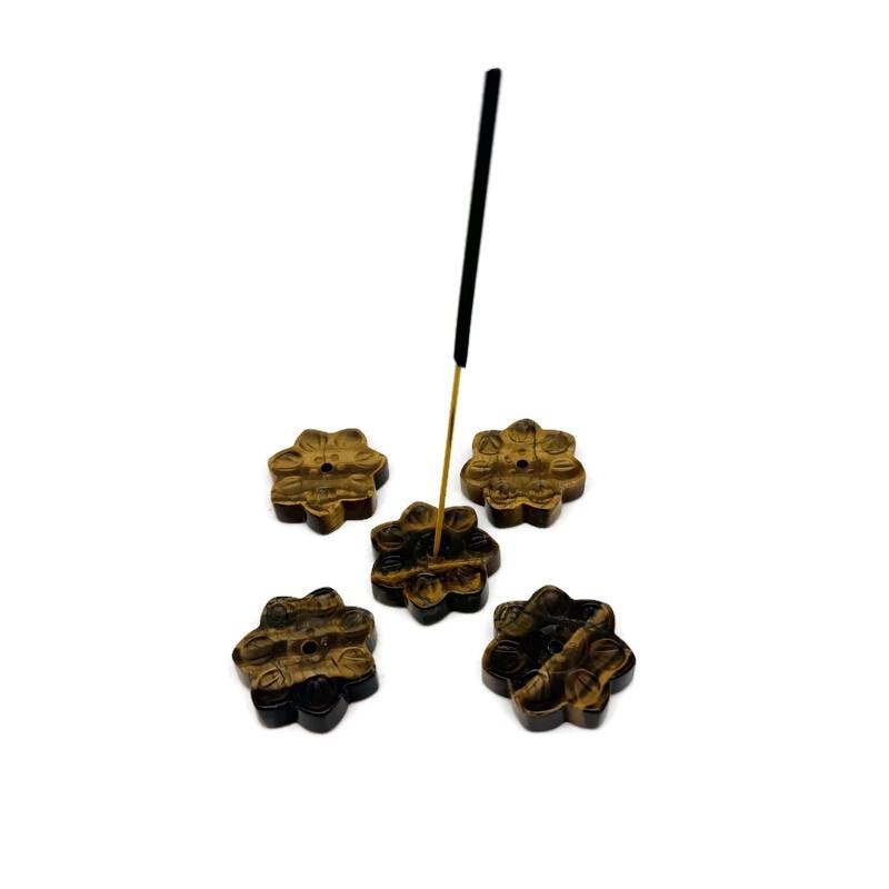 Tiger Eye natural crystal flower incense holder by GemstoneGO, carved gemstone stick burner for meditation and spiritual rituals.