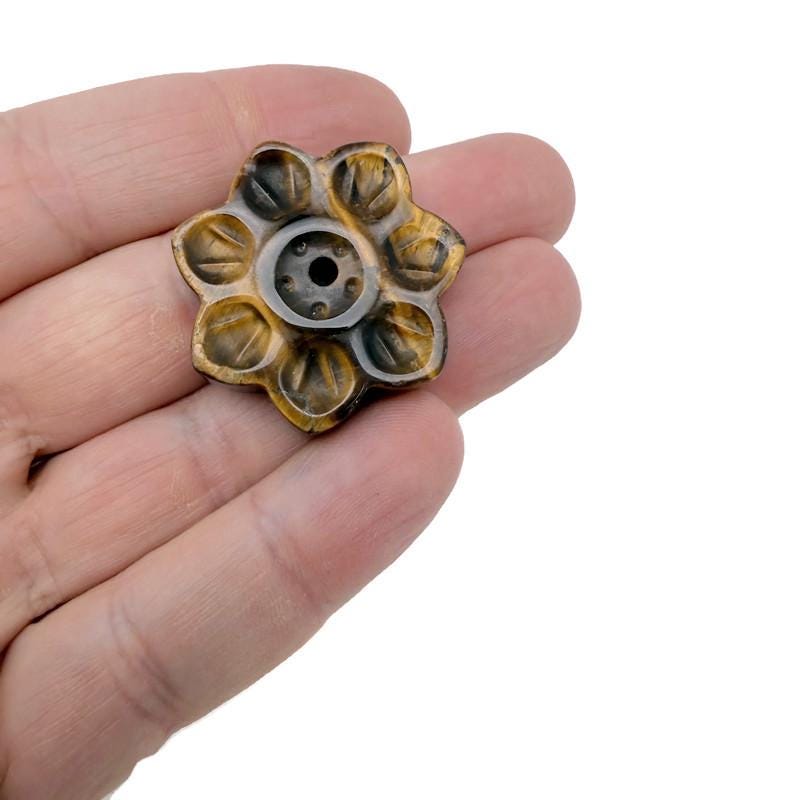 Tiger Eye natural crystal flower incense holder carved from gemstone, designed for meditation and burning incense sticks.