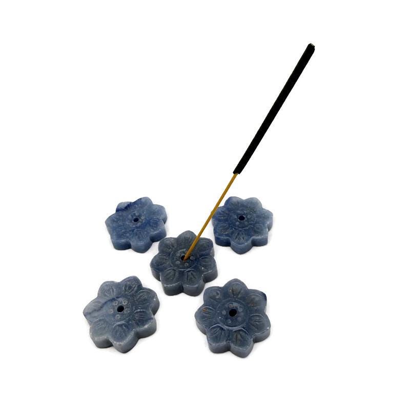 Blue aventurine gemstone flower incense holder by GemstoneGO, carved crystal stick burner for meditation and aromatic incense.