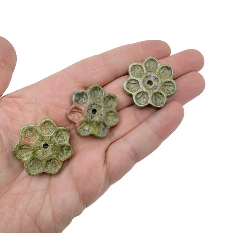 Unakite natural crystal flower incense holder by GemstoneGO, carved gemstone stick burner for meditation and aromatic incense.