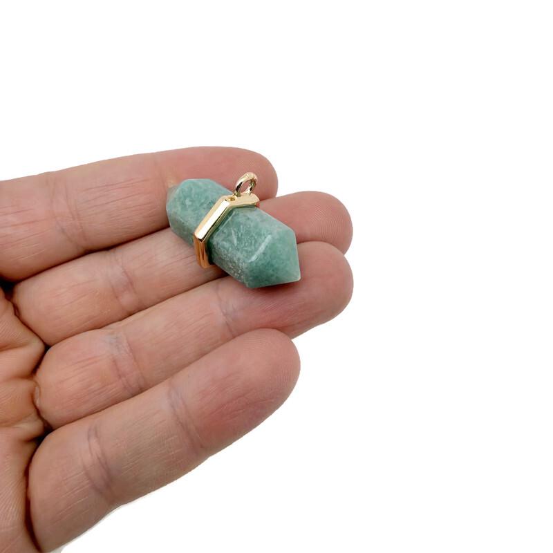 Amazonite double terminated crystal pendant from GemstoneGO, natural gemstone point with blue-green hues and polished surface.