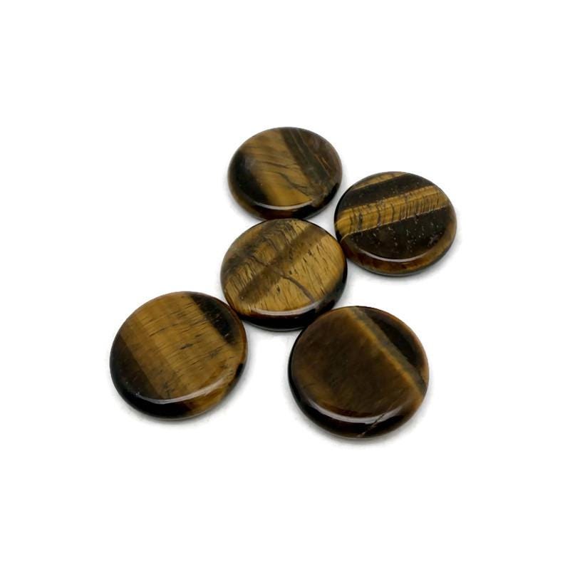 Round Tiger Eye flat gemstone slab, 25mm, showcasing golden-brown tiger eye crystal with natural banding and polished surface.