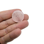 Round rose quartz flat gemstone slab, 25mm, from GemstoneGO, showcasing soft pink color and smooth polished surface.