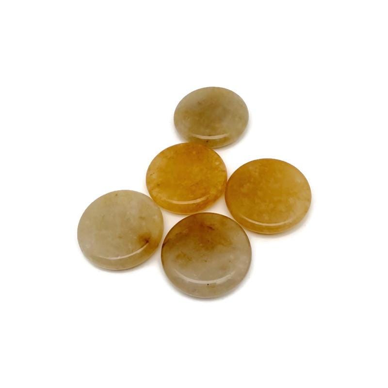 Round yellow jade gemstone slab, 25mm, flat polished crystal from GemstoneGO, showcasing vibrant yellow color and smooth surface.