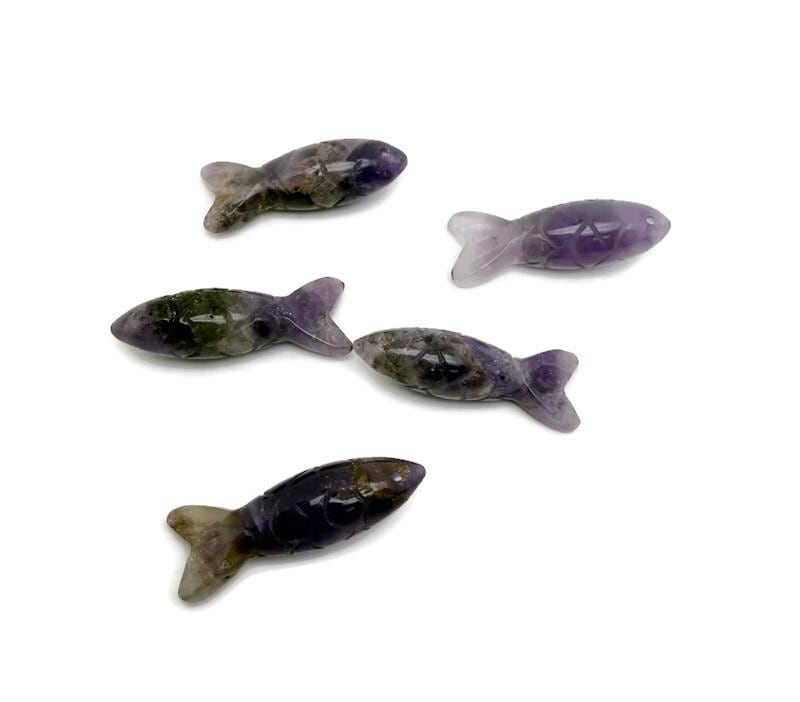 Amethyst fish gemstone pendant from GemstoneGO, featuring a lucky fishing charm design, perfect as a gift or talisman.