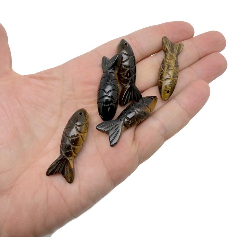 Tiger Eye fish gemstone pendant from GemstoneGO, a Lucky fishing charm jewelry piece featuring a polished fish design.