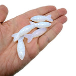 Opalite fish-shaped gemstone pendant with a silver bail, featuring a shiny, smooth surface ideal for jewelry or lucky charm.