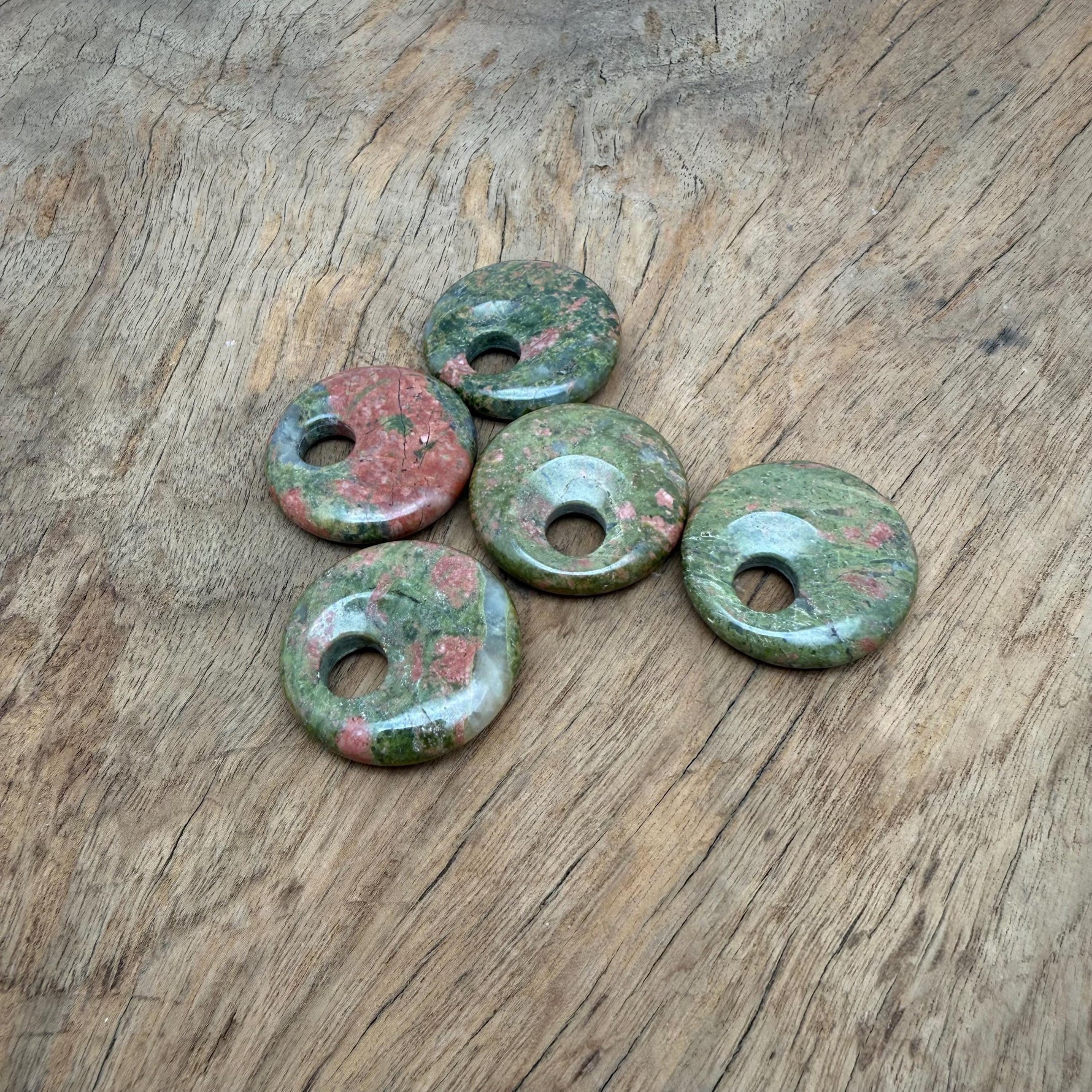 Unakite crystal donut pendant, 30mm Pi stone with vibrant green and pink hues, gemstone jewelry from GemstoneGO.