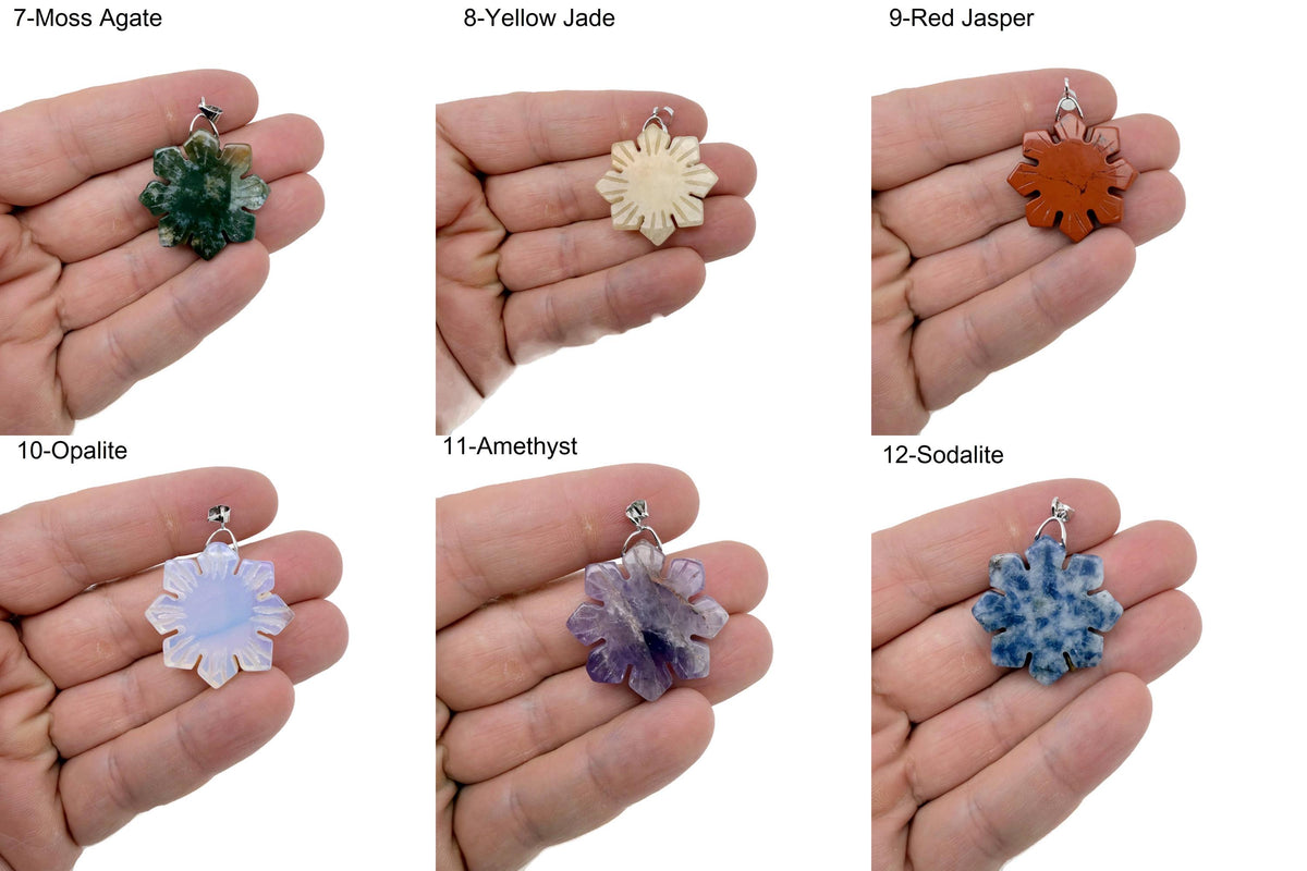 Snowflake gemstone pendant from GemstoneGO featuring a healing stone with a delicate silver setting and a snowflake design.