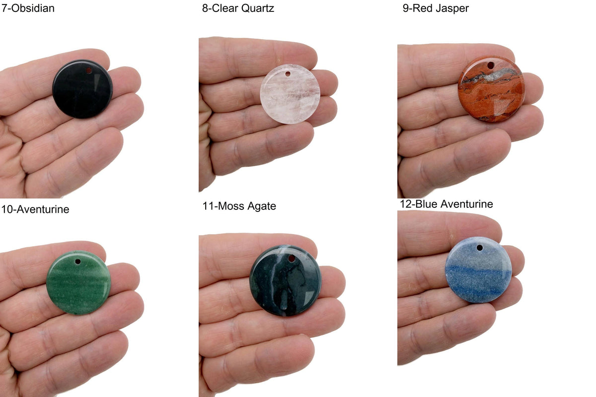 Round gemstone pendant featuring a drilled natural crystal disc charm from GemstoneGO, showcasing vibrant, polished gemstone with drilled hole.