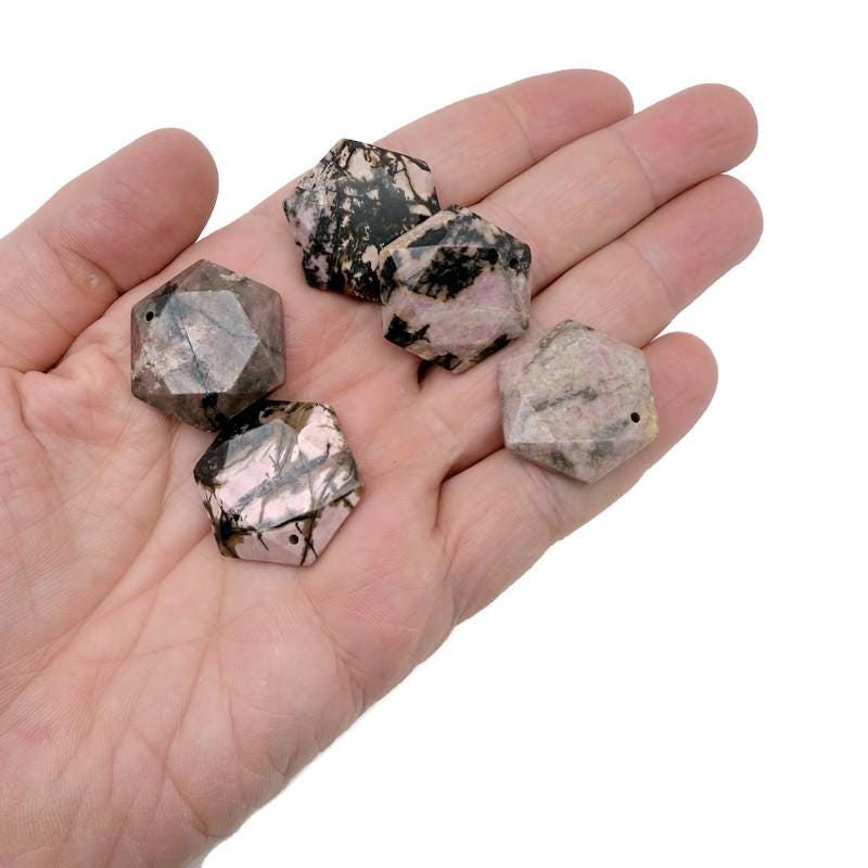 Rhodonite Hexagon Crystal Pendant - Faceted Stone Necklace Bead - NC1927