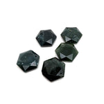 Faceted moss agate hexagon crystal pendant necklace with a polished stone bead, showcasing natural green and brown mineral patterns.