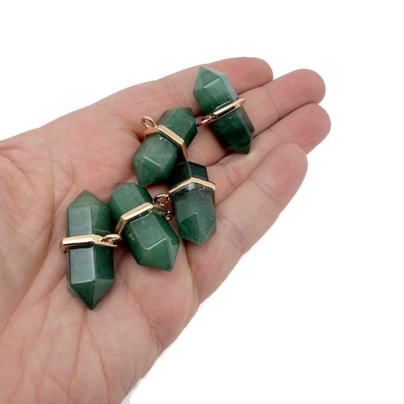 Aventurine double terminated crystal pendant with natural green gemstone point, showcasing a polished, pointed crystal with gold wire wrapping.
